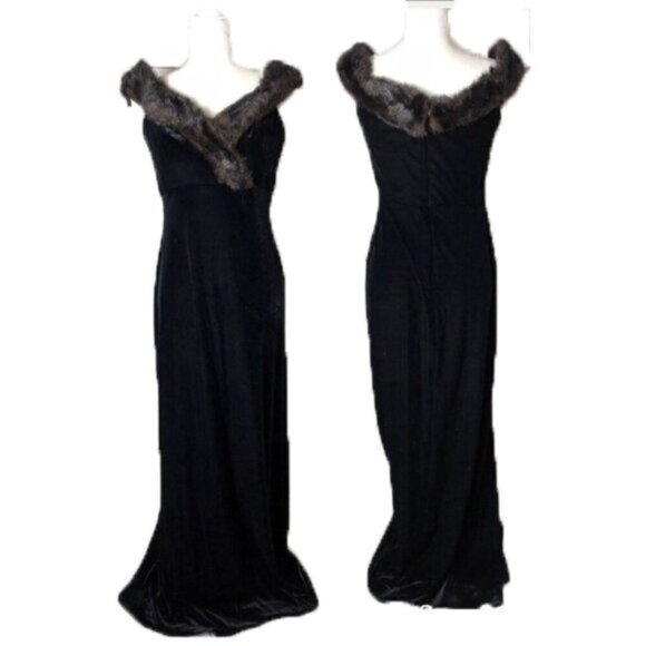 Black Velvet Faux Fur Off the Shoulder Long Evening Gown Size 8 - Picture 1 of 10